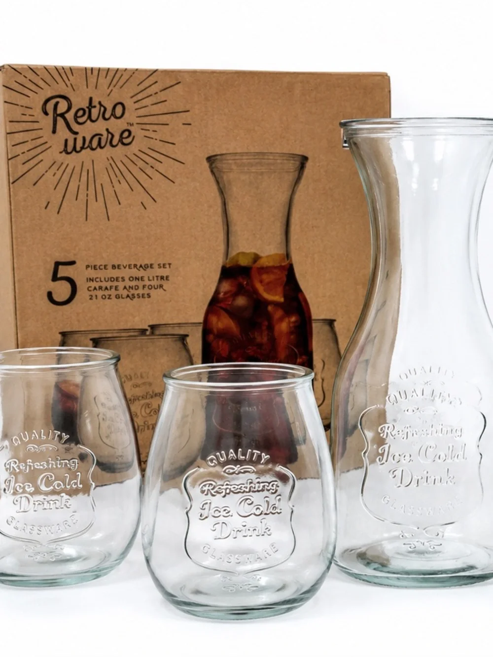 New Retroware 5-Piece Glass Beverage Set with Carafe & 4 Glasses